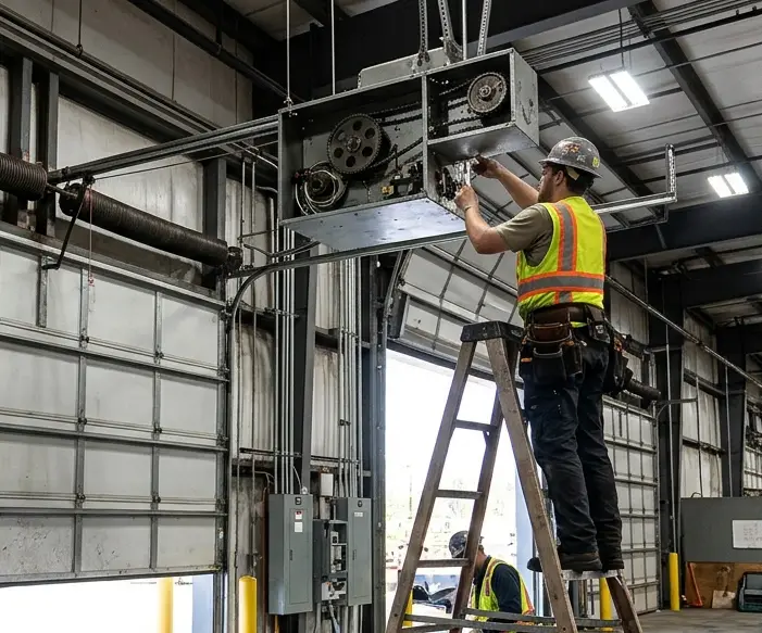 Garage door technician inspecting a door