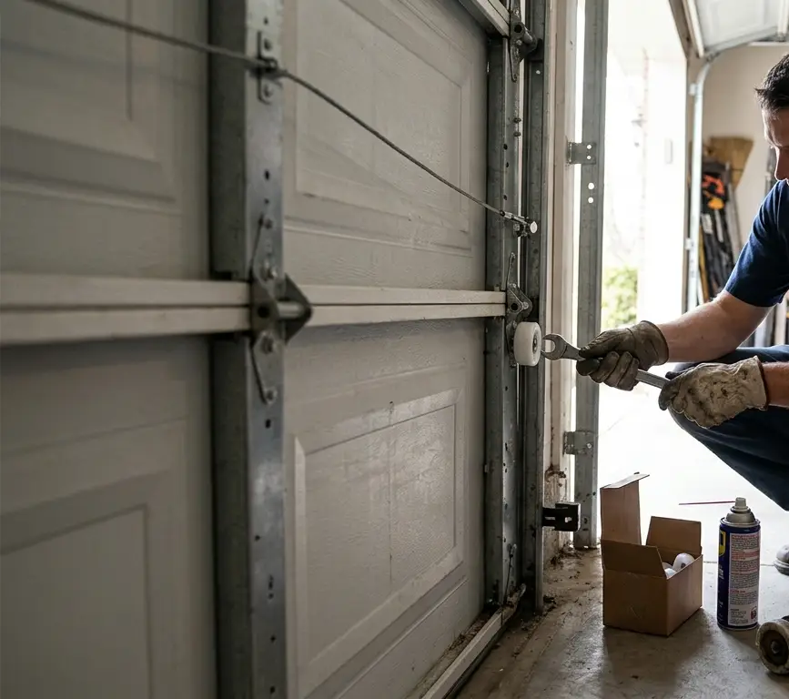 Garage door technician inspecting a door